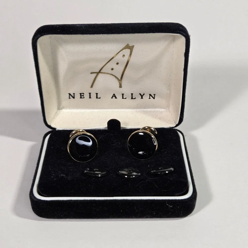 Neil Allyn Cufflinks and Shirt Studs Set Black Gold Tone Formal Wedding Tuxedo